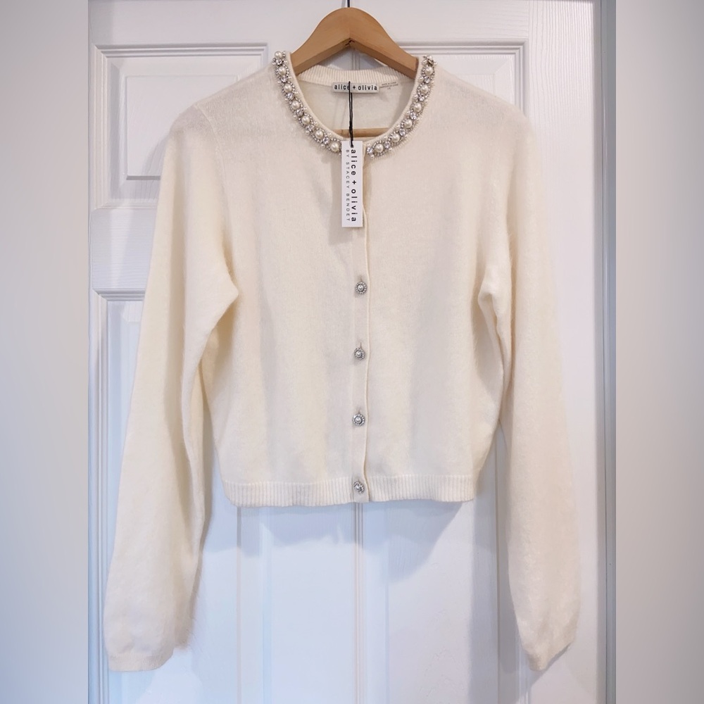 NWT $495 Alice Olivia Dollie Long Sleeve Embellished Cashmere Cardigan